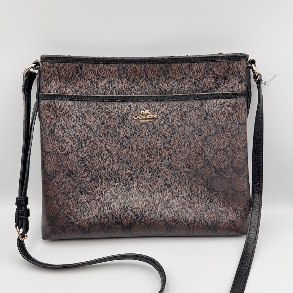 COACH Signature Brown Coated Canvas File Crossbody Bag purse